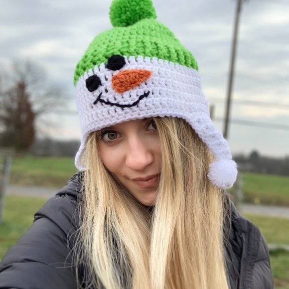 Accessories - Let it Snow Beanie - Lime Green Unisex Teen / Adult Hand Knit Snowman Hat - SALE
